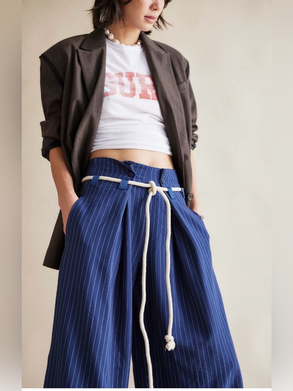 Free People Dimes Tie Pinstripe Wide Leg Trouser NWT